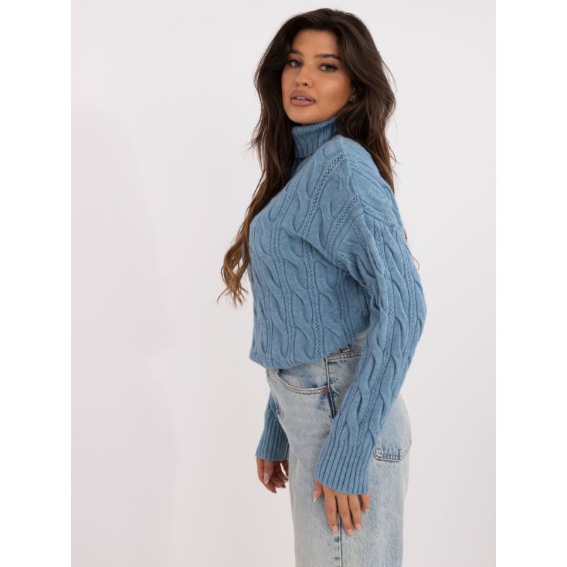Dámský svetr s rolákem a kostkami modrý 