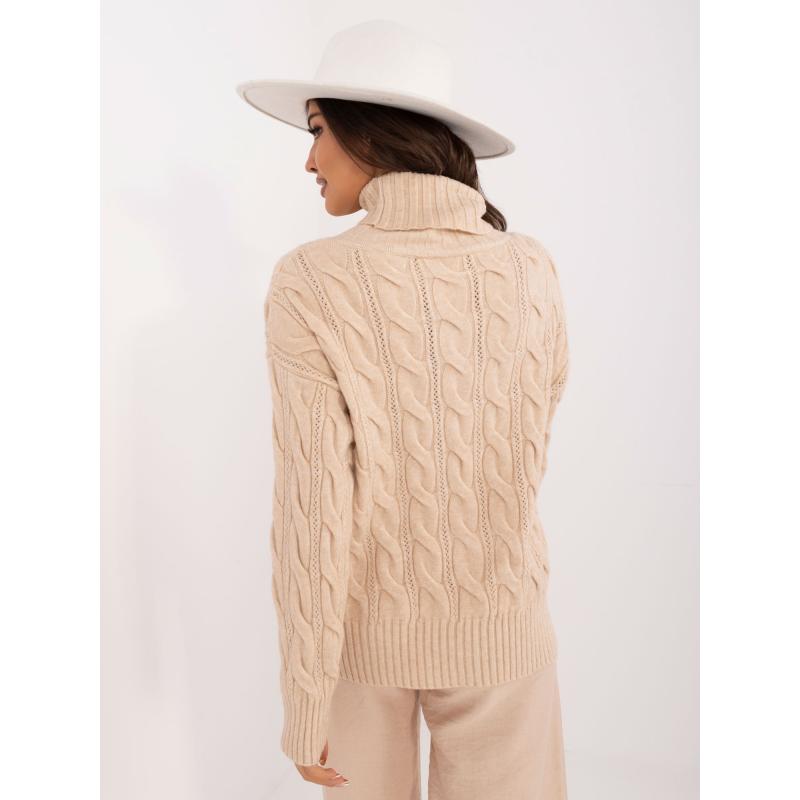 Dámský svetr s rolákem a prolamovaným vzorem béžový 