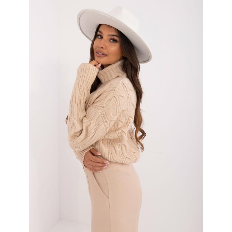 Dámský svetr s rolákem a prolamovaným vzorem béžový 