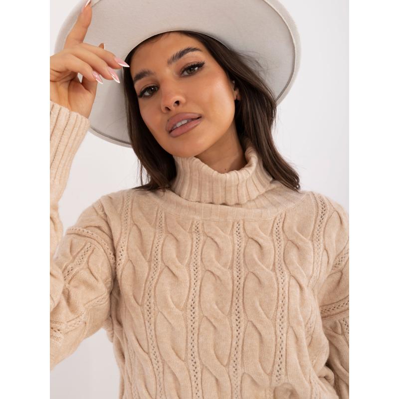 Dámský svetr s rolákem a prolamovaným vzorem béžový 