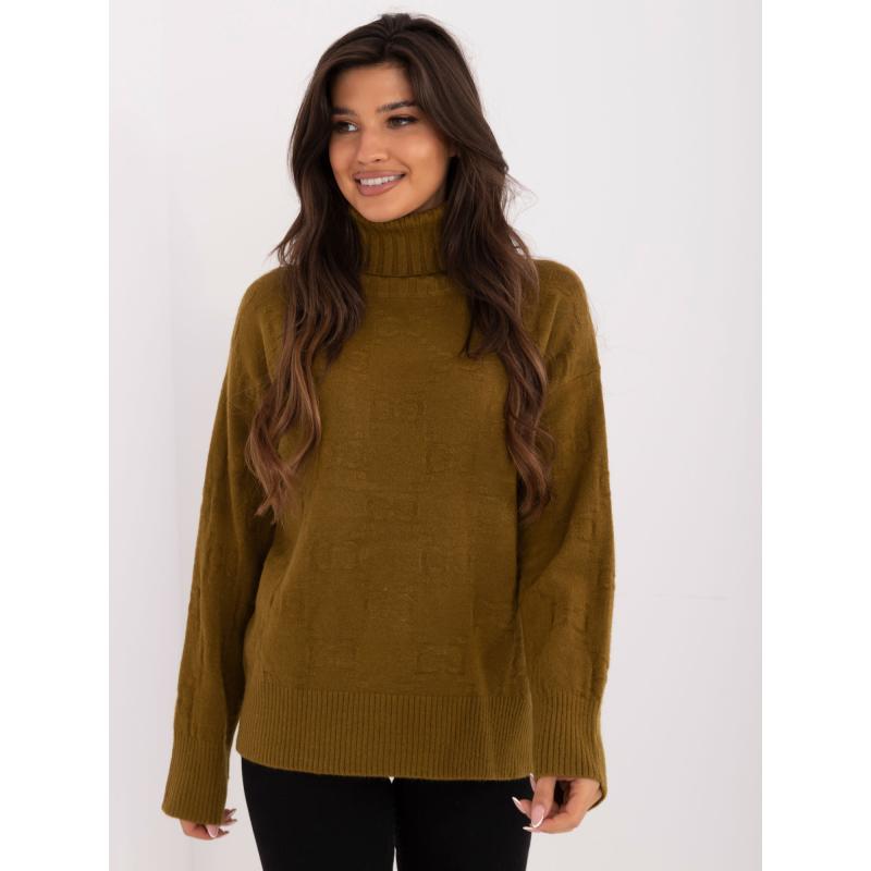 Dámský svetr s rolákem a vzory olivový 