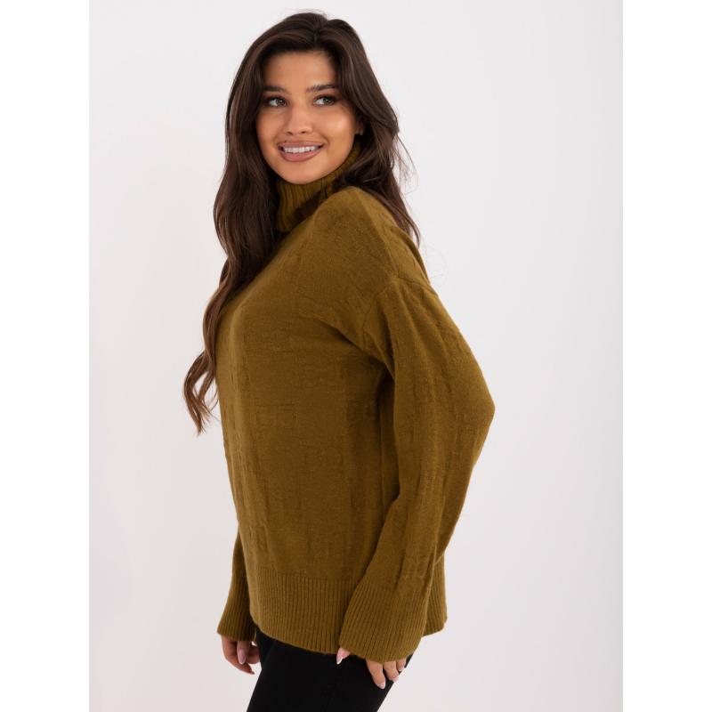 Dámský svetr s rolákem a vzory olivový 