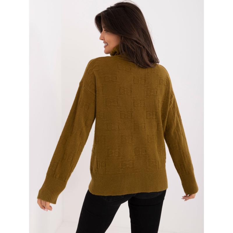 Dámský svetr s rolákem a vzory olivový 