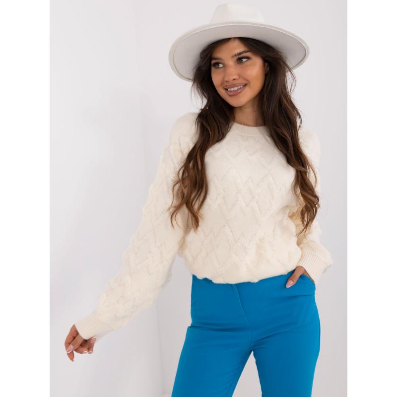 Női oversize bordázott szegélyű pulóver ekrü