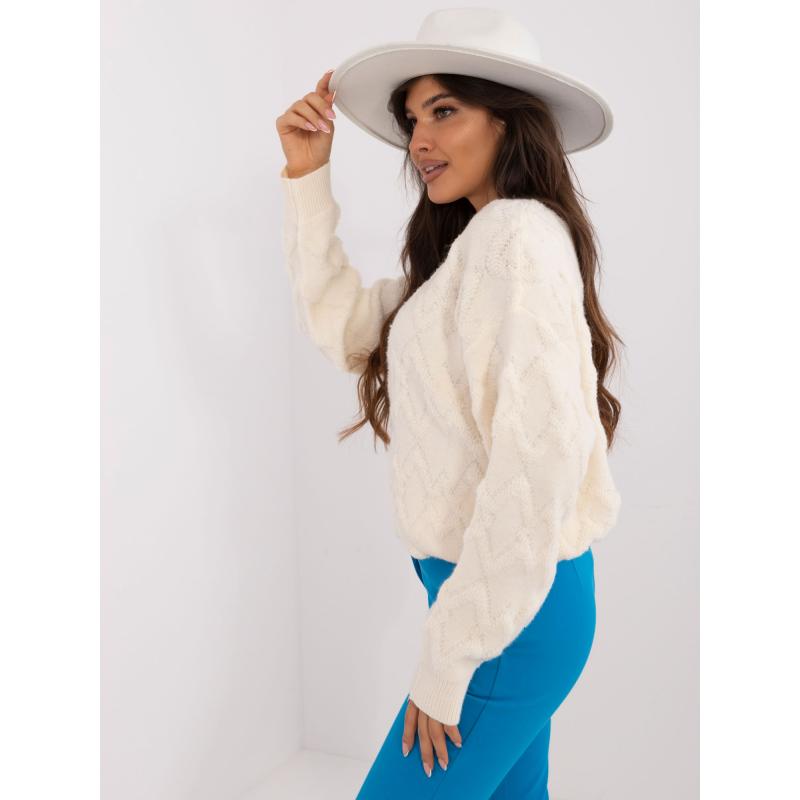 Női oversize bordázott szegélyű pulóver ekrü