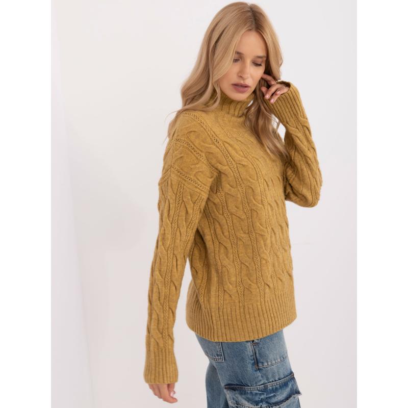 Dámský svetr s rolákem a prolamovaným vzorem olivově zelený 