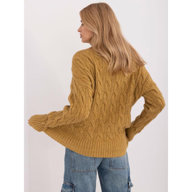 Dámský svetr s rolákem a prolamovaným vzorem olivově zelený 