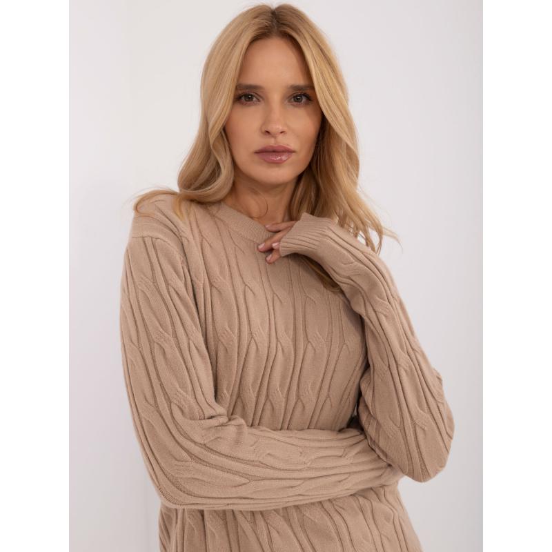 Női kockás kerek nyakú pulóver barna