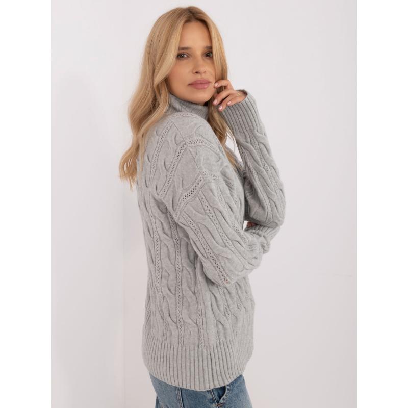 Dámský svetr s rolákem a prolamovaným vzorem šedý