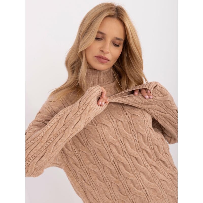 Dámský svetr s volným rolákem a manžetami hnědý