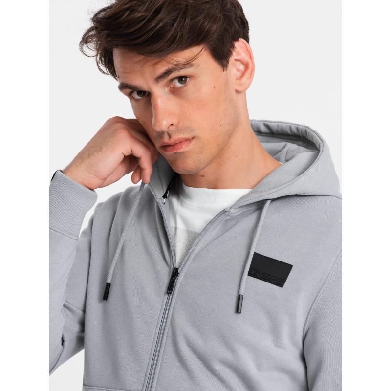 Pánská rozepínací mikina s kapucí a nášivkou šedá 