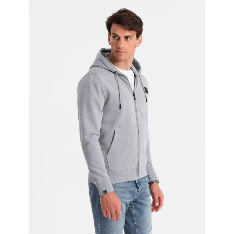 Pánská rozepínací mikina s kapucí a nášivkou šedá 