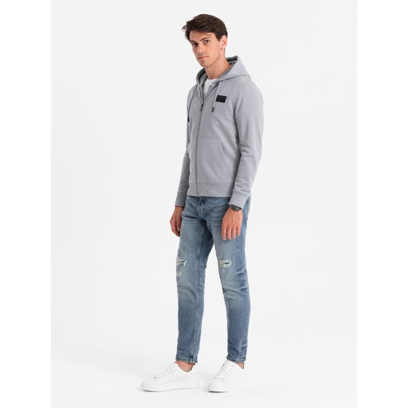 Pánská rozepínací mikina s kapucí a nášivkou šedá 