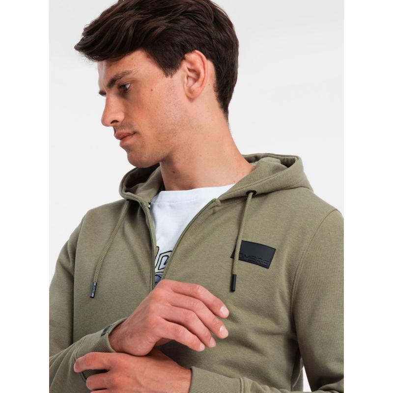 Pánská rozepínací mikina s kapucí a nášivkou olivová 
