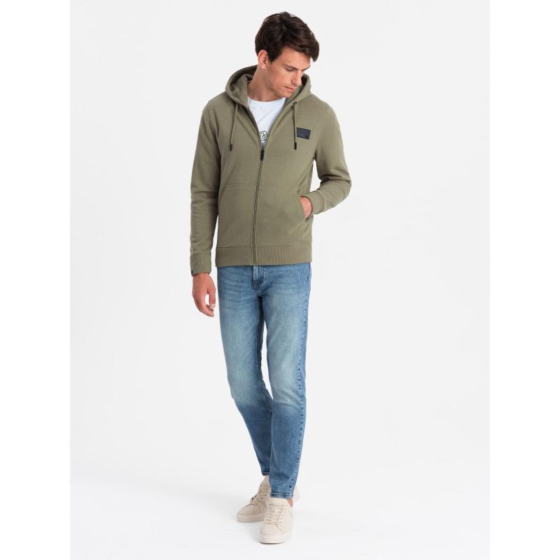 Pánská rozepínací mikina s kapucí a nášivkou olivová 