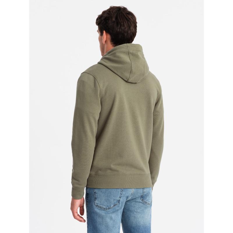 Pánská rozepínací mikina s kapucí a nášivkou olivová 