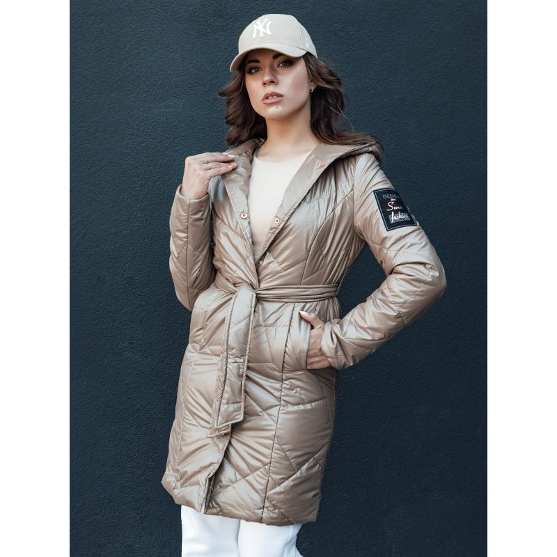 Női steppelt hosszú kabát kapucnival PAUL bézs színű