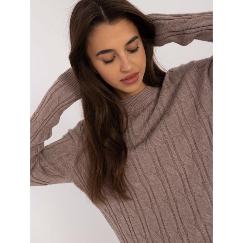 Dámský svetr s kostkami a kulatým výstřihem tmavě béžový 