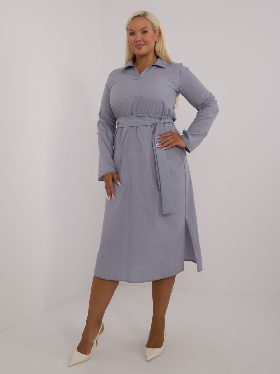 Dámske šaty s vreckovým pásom bavlnené plus size sivé