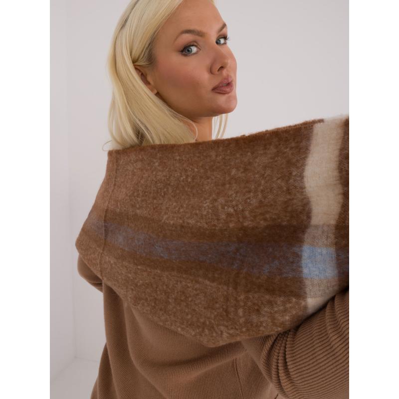 Dámský šál z hřejivého kostkovaného úpletu hnědý dlouhý 