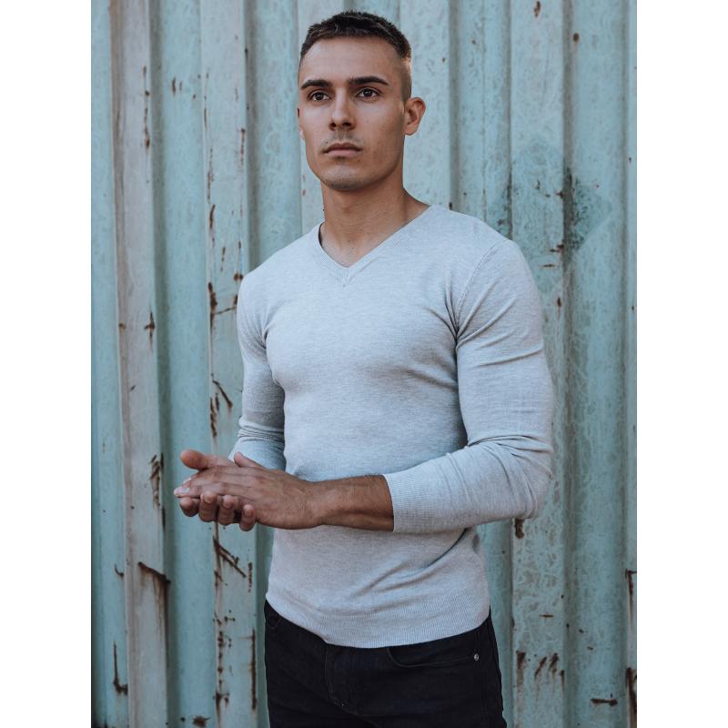 Férfi világosszürke V-nyakú pulóver