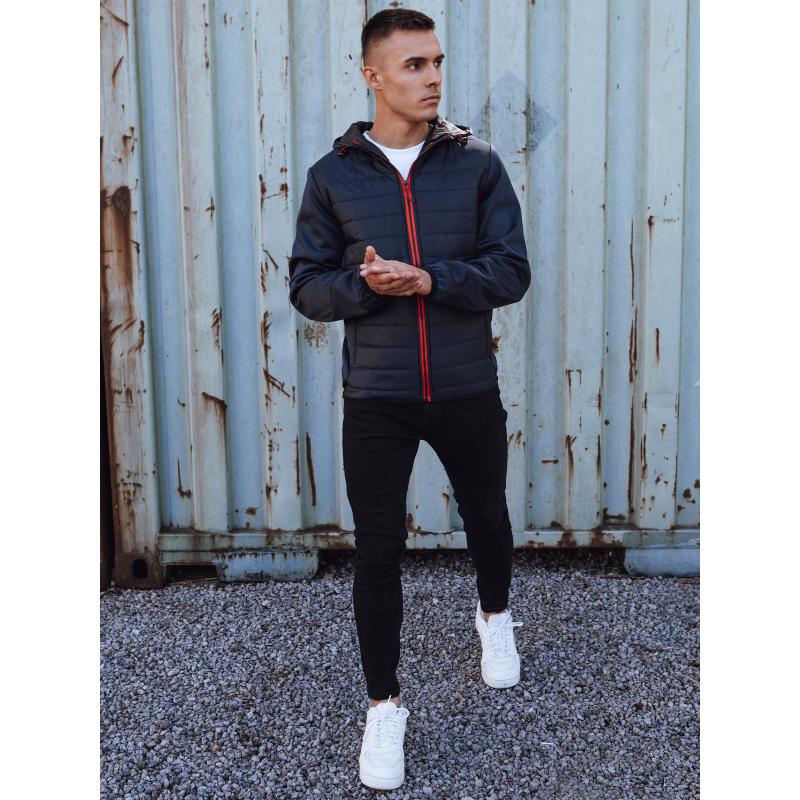 Pánská přechodová bunda prošívaná s kapucí tmavě modrá