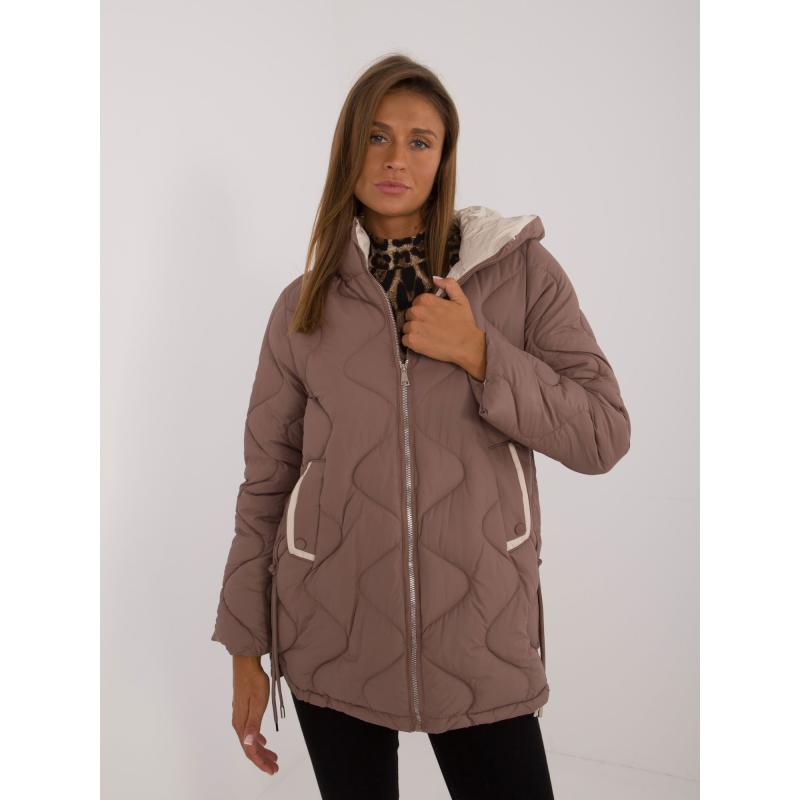 Dámska prešívaná prechodná bunda s kapucňou hnedá