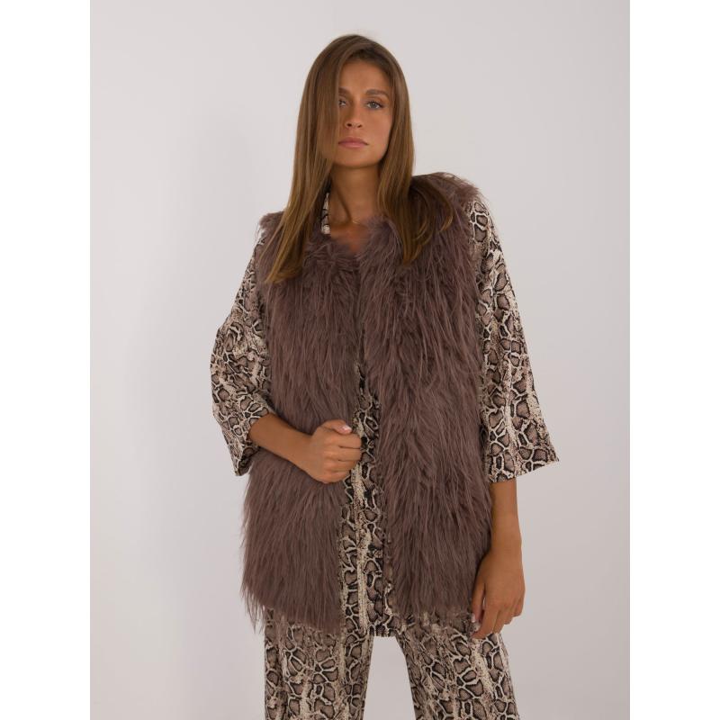 Dámská vesta se zapínáním na háčky a smyčky kožešinová tmavě hnědá 