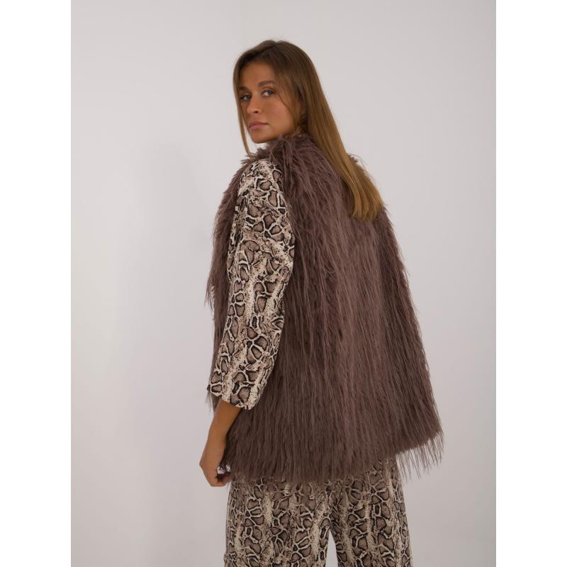 Dámská vesta se zapínáním na háčky a smyčky kožešinová tmavě hnědá 