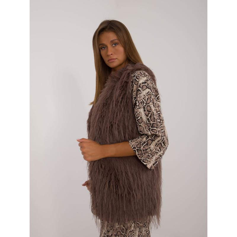 Dámská vesta se zapínáním na háčky a smyčky kožešinová tmavě hnědá 
