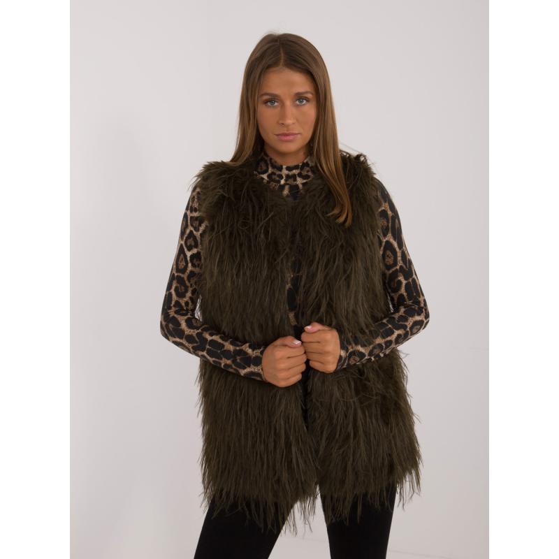 Dámská vesta se zapínáním na háčky a očka kožešinová khaki 