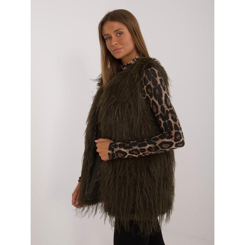 Dámská vesta se zapínáním na háčky a očka kožešinová khaki 