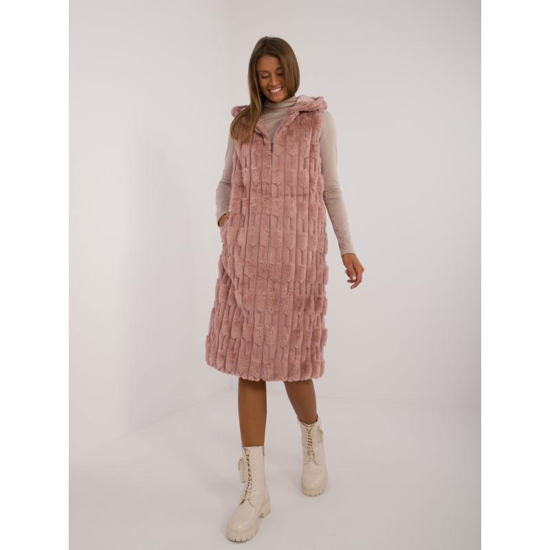 Dámská vesta s kapucí dlouhá kožešinová růžová