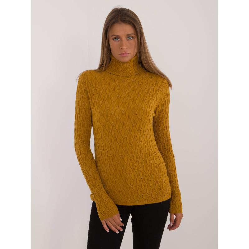 Női garbós pulóver mustárszínű mintával