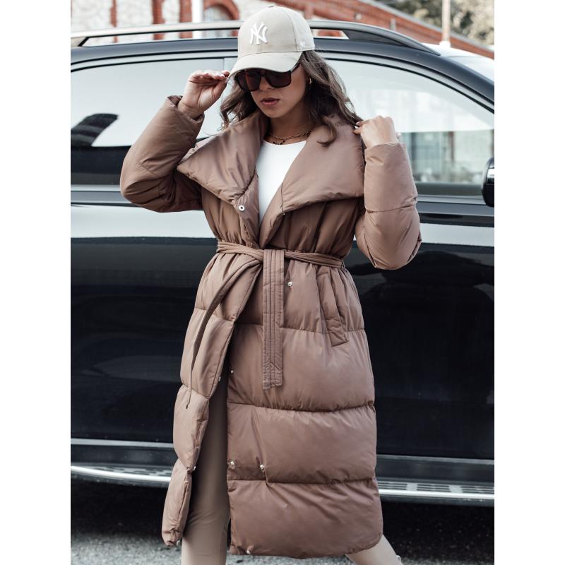 Női hosszú téli steppelt kabát FAVI barna