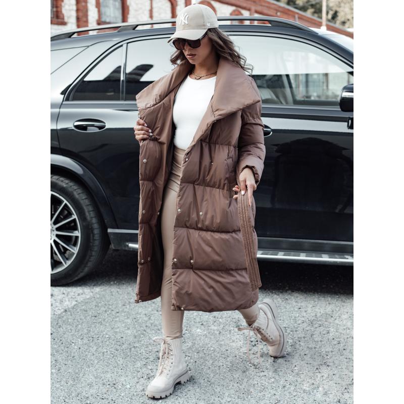 Női hosszú téli steppelt kabát FAVI barna