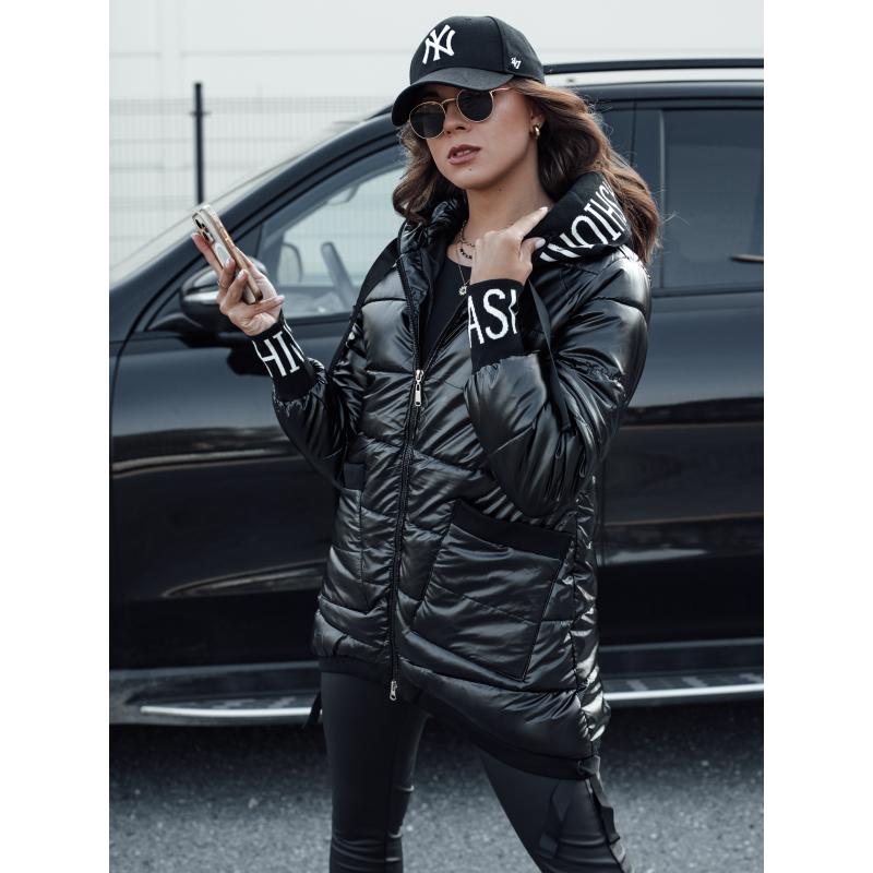 Dámský přechodný prošívaný kabát s kapucí FASHION CHIC černý