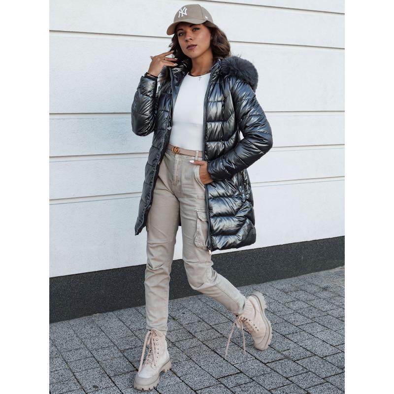 Dámská zimní bunda prošívaná dlouhá s kapucí SHINE šedá