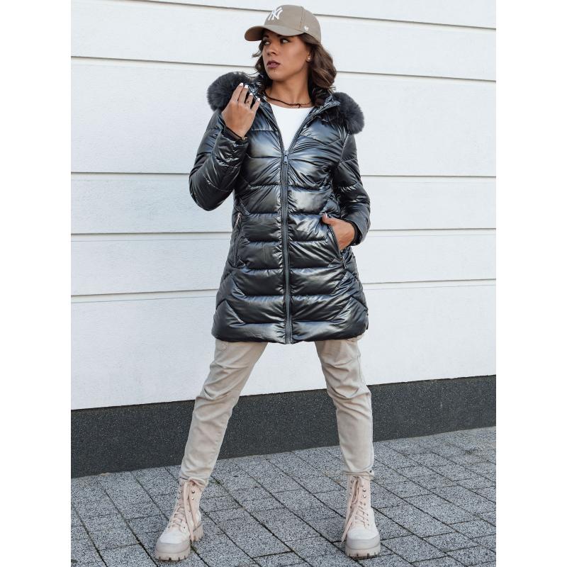 Dámská zimní bunda prošívaná dlouhá s kapucí SHINE šedá