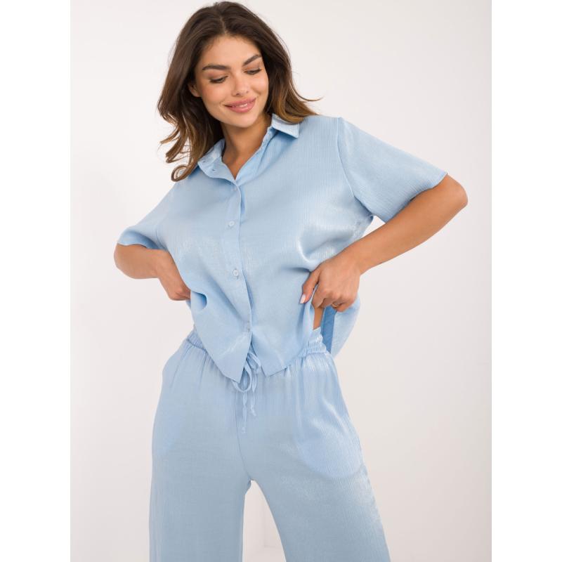 Dámský komplet s košilí lesklý elegantní světle modrý 