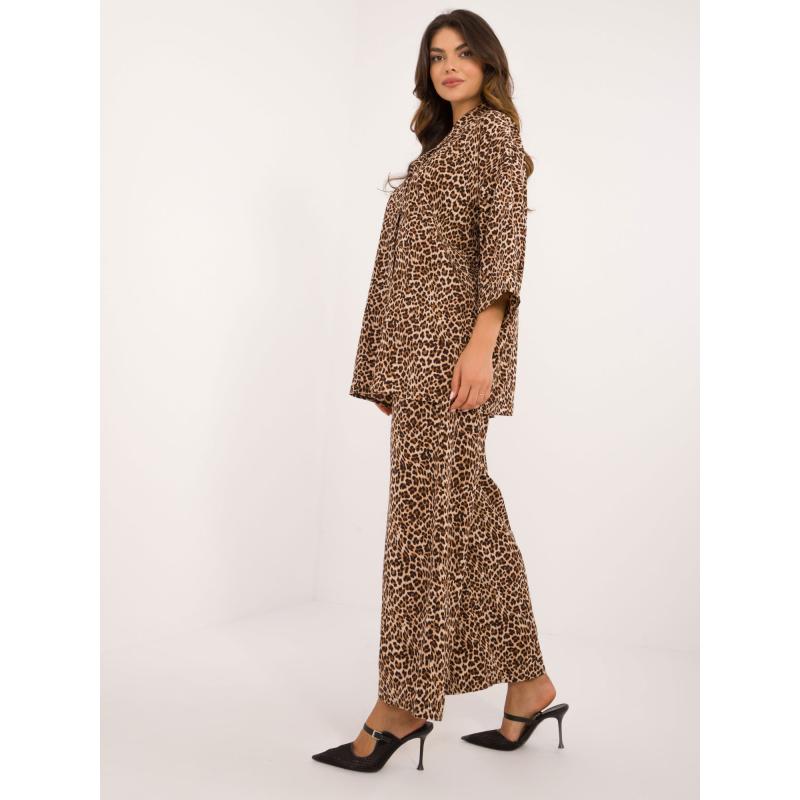 Dámský komplet s oversize košilí vzorovaný béžovo-černý  