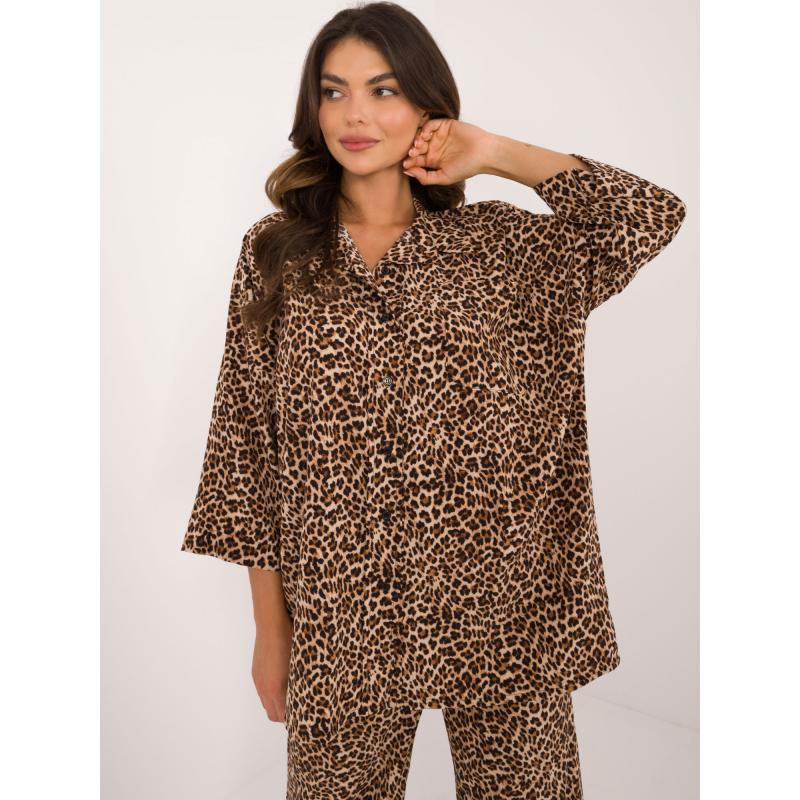 Dámský komplet s oversize košilí vzorovaný béžovo-černý  