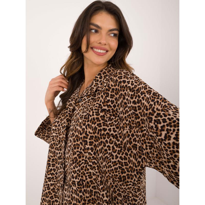 Dámský komplet s oversize košilí vzorovaný béžovo-černý  