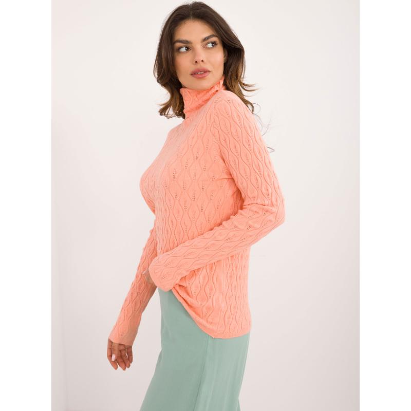 Dámský svetr s rolákem a volánkovým lemem broskvový 