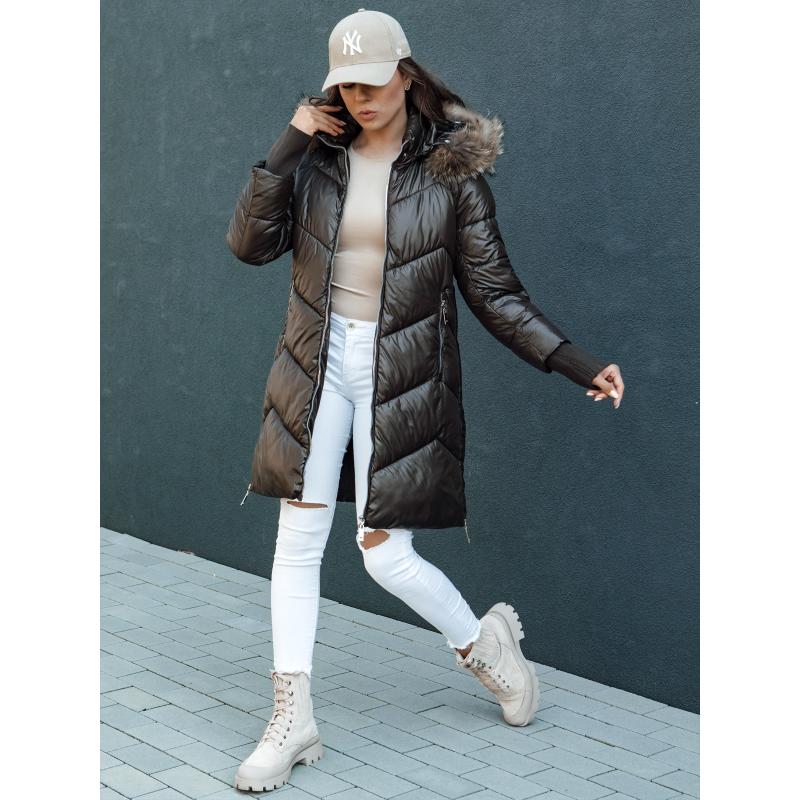 Dámská zimní bunda prošívaná s umělou kožešinou a kapucí LAGOON moka černá