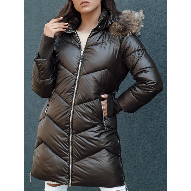 Dámská zimní bunda prošívaná s umělou kožešinou a kapucí LAGOON moka černá