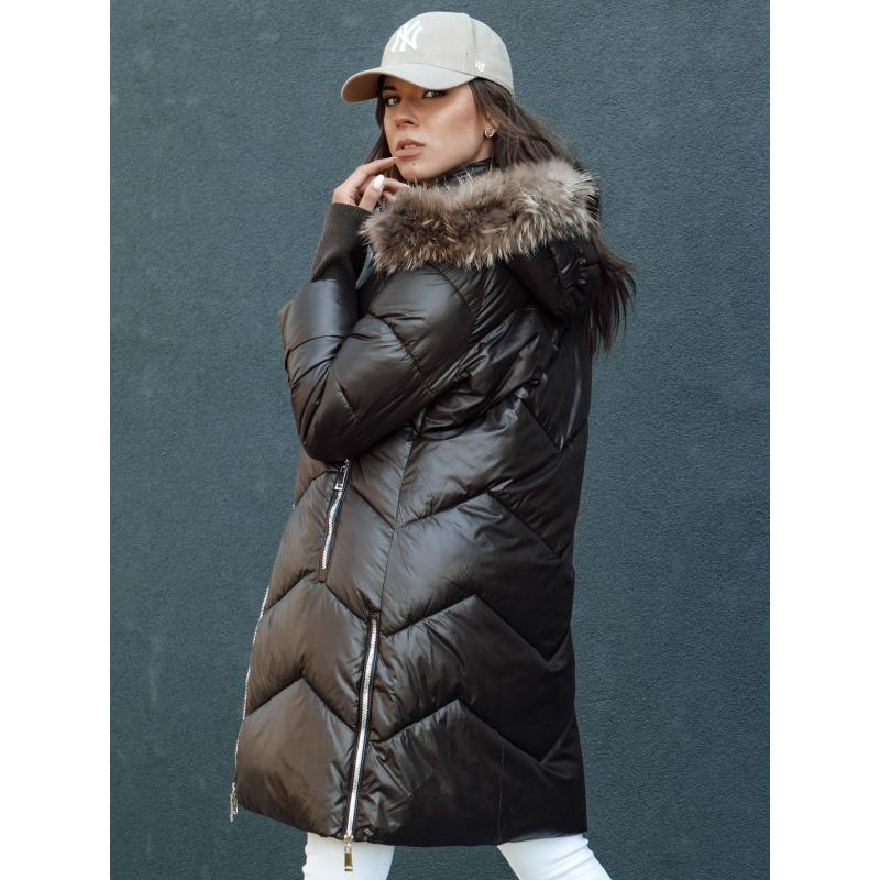 Dámská zimní bunda prošívaná s umělou kožešinou a kapucí LAGOON moka černá