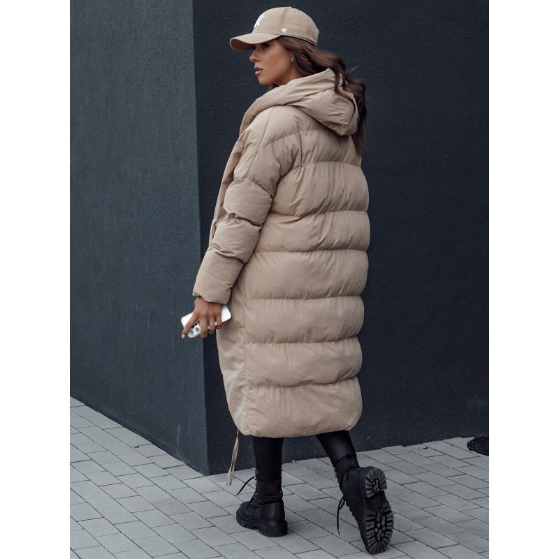 Női hosszú, túlméretezett téli kabát kapucnival MELVIN sötétbézs sötét bézs