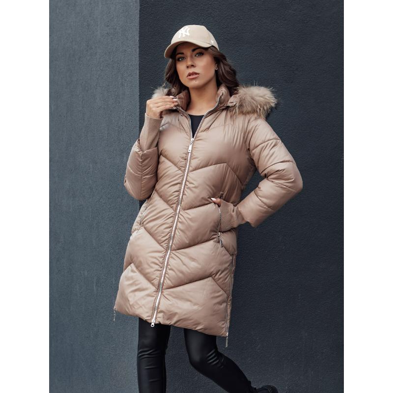 Dámský zimní kabát s prošívaným kožíškem a kapucí LAGOON hnědý