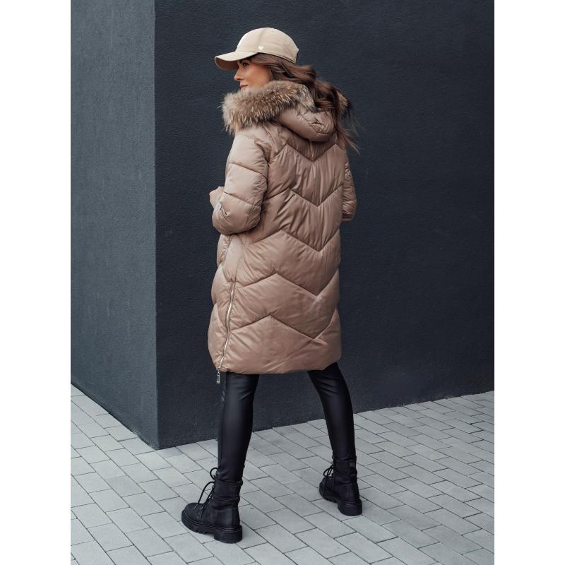 Dámský zimní kabát s prošívaným kožíškem a kapucí LAGOON hnědý